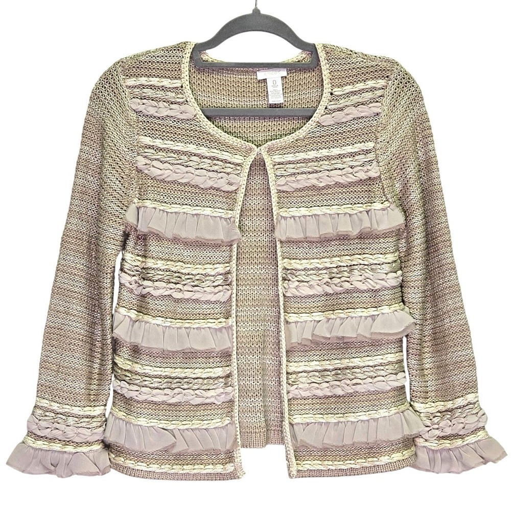Chicos Cardigan Sweater Ruffle Trim Metallic Knit Size S 4 6 Champagne Braided